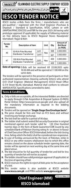 IESCO Islamabad Tender Notice